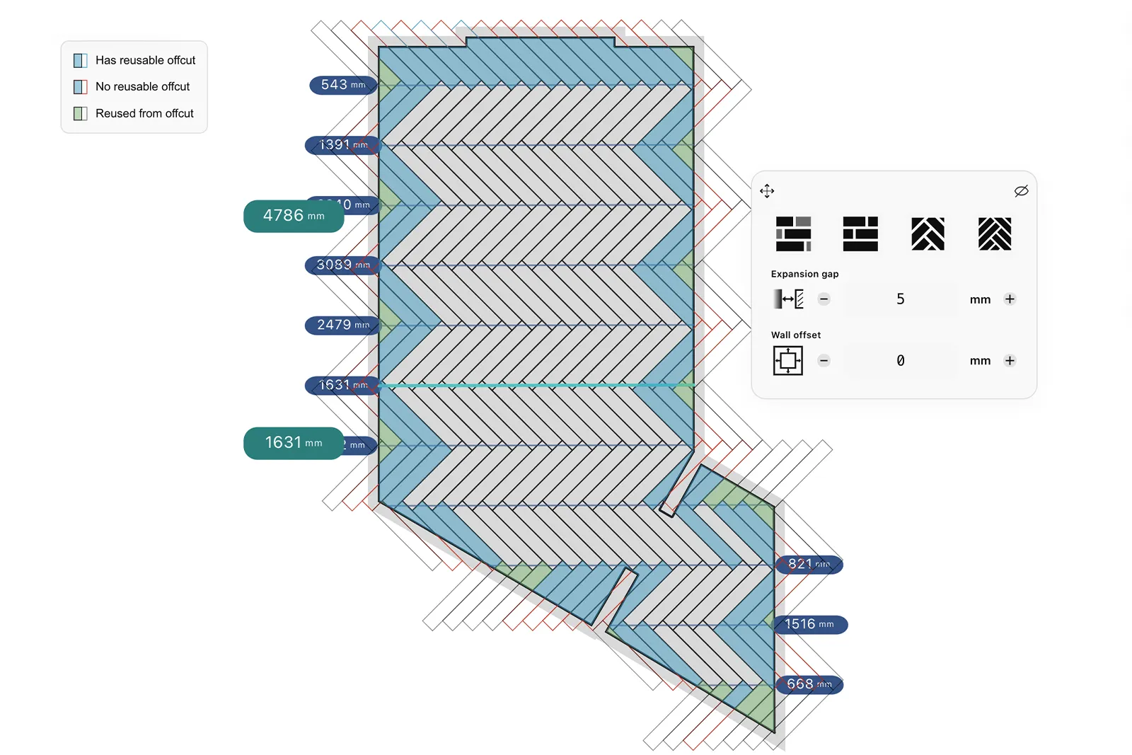 Layout preview showing an irregular room with visible perimeter cuts.