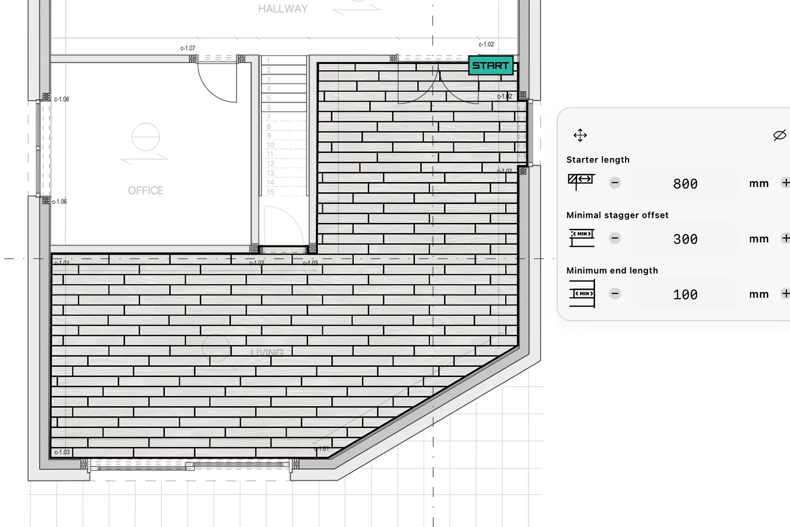 Plank layout preview showing direction and first/last row widths.