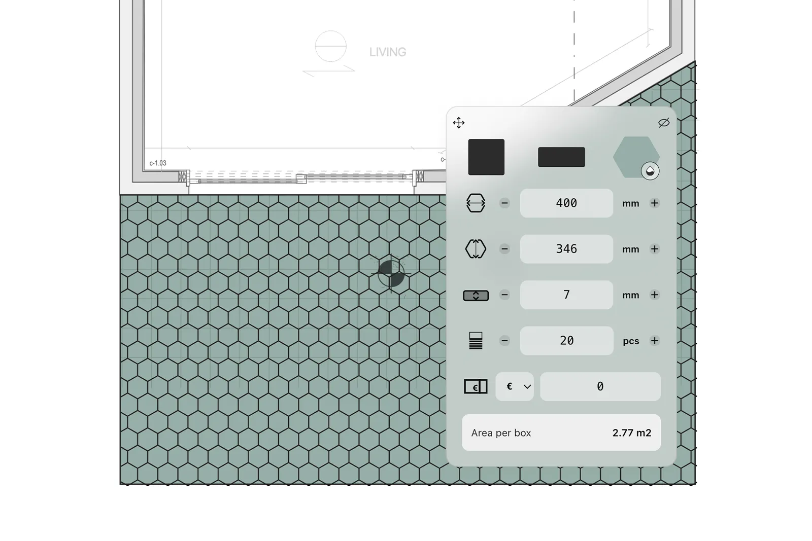Tile layout preview showing grout lines, centering, and edge cuts.