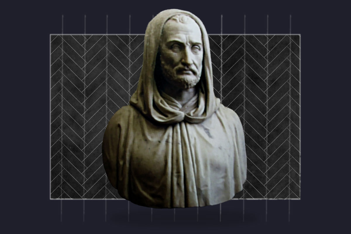 Buste d’Ambrogio Calepino devant une trame de calepinage en bâtons rompus.