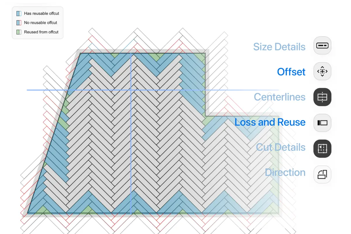 Réglages de sens de pose, joints, décalage et chevron dans un logiciel de calepinage.