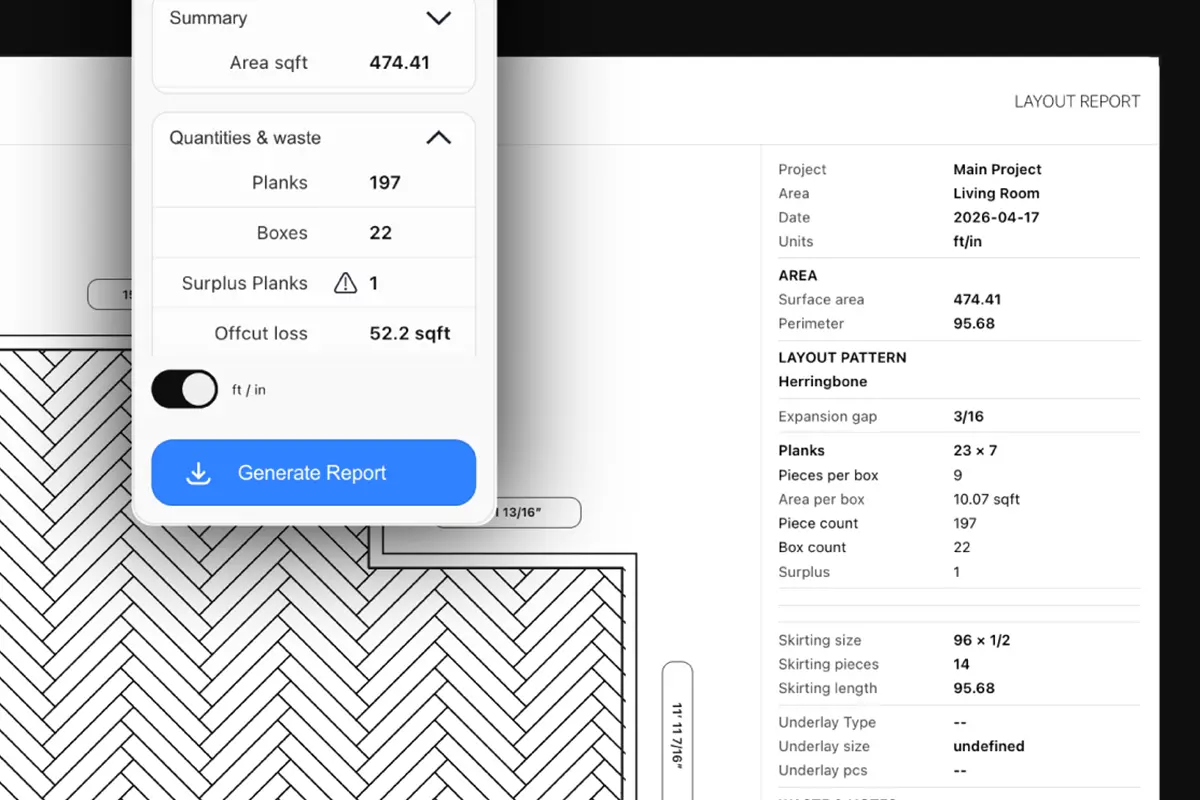 Résultats d'un plan de calepinage avec quantités, découpes, chutes, surplus et coût.