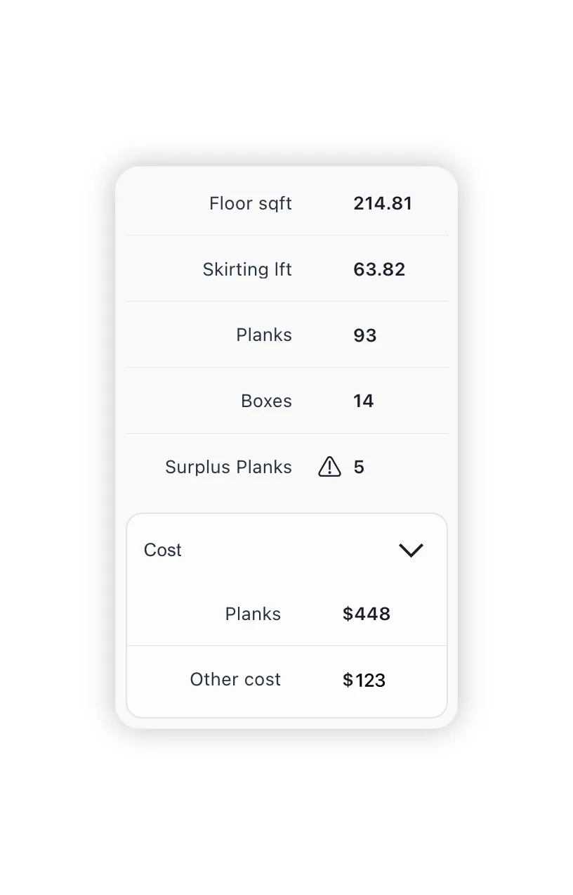 CalcuFloor plank layout result panel showing counts, packs, surplus, cost, and underlayment.