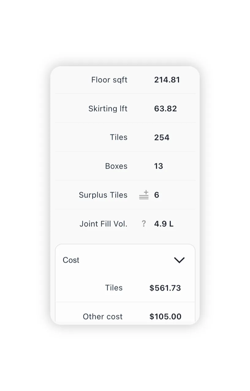 CalcuFloor tile layout result panel showing counts, packs, surplus, cost, adhesive, and joint fill.