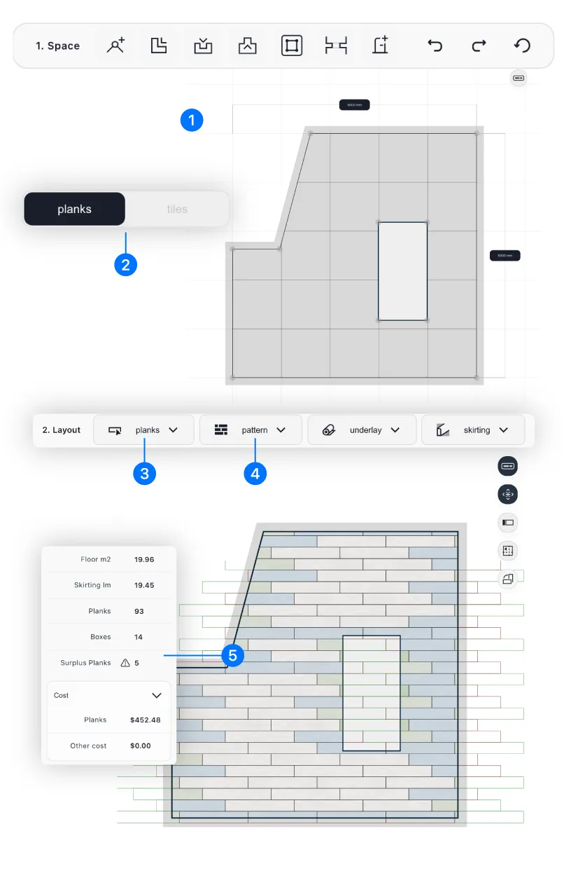 CalcuFloor workflow from drawing a room shape to generating the layout and reading piece counts.