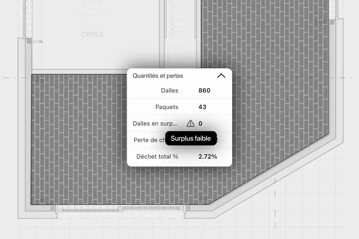 Diagramme de découpe indiquant les dimensions des carreaux dans un calepinage.