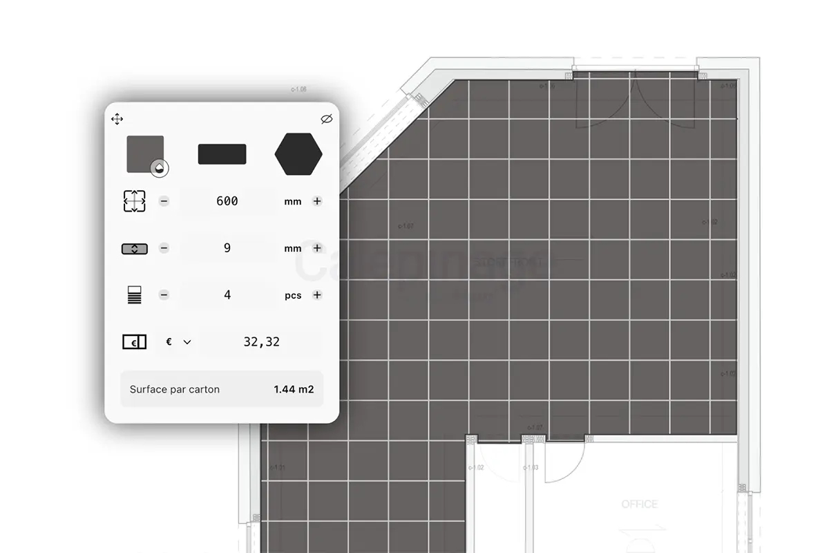 Dimensions du produit, couverture par boîte ou paquet et prix dans un logiciel de calepinage.