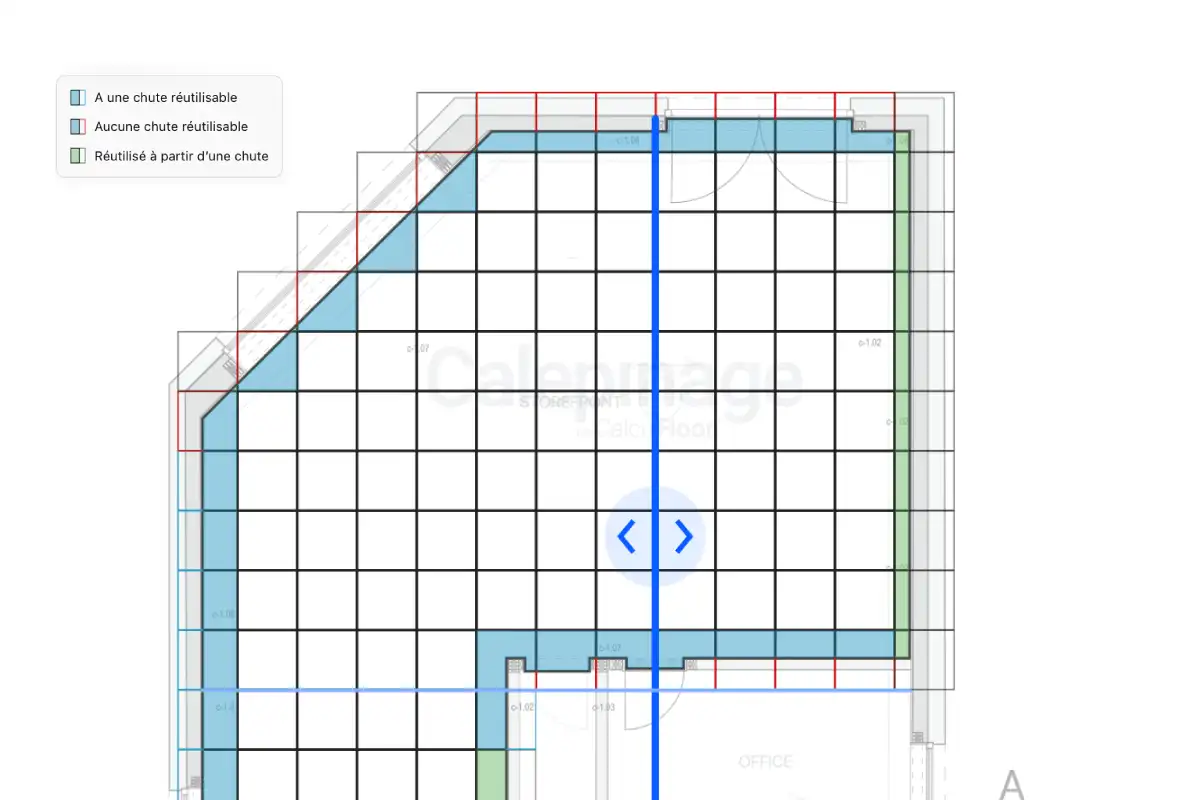Réglages de sens de pose, joints, décalage et chevron dans un logiciel de calepinage.
