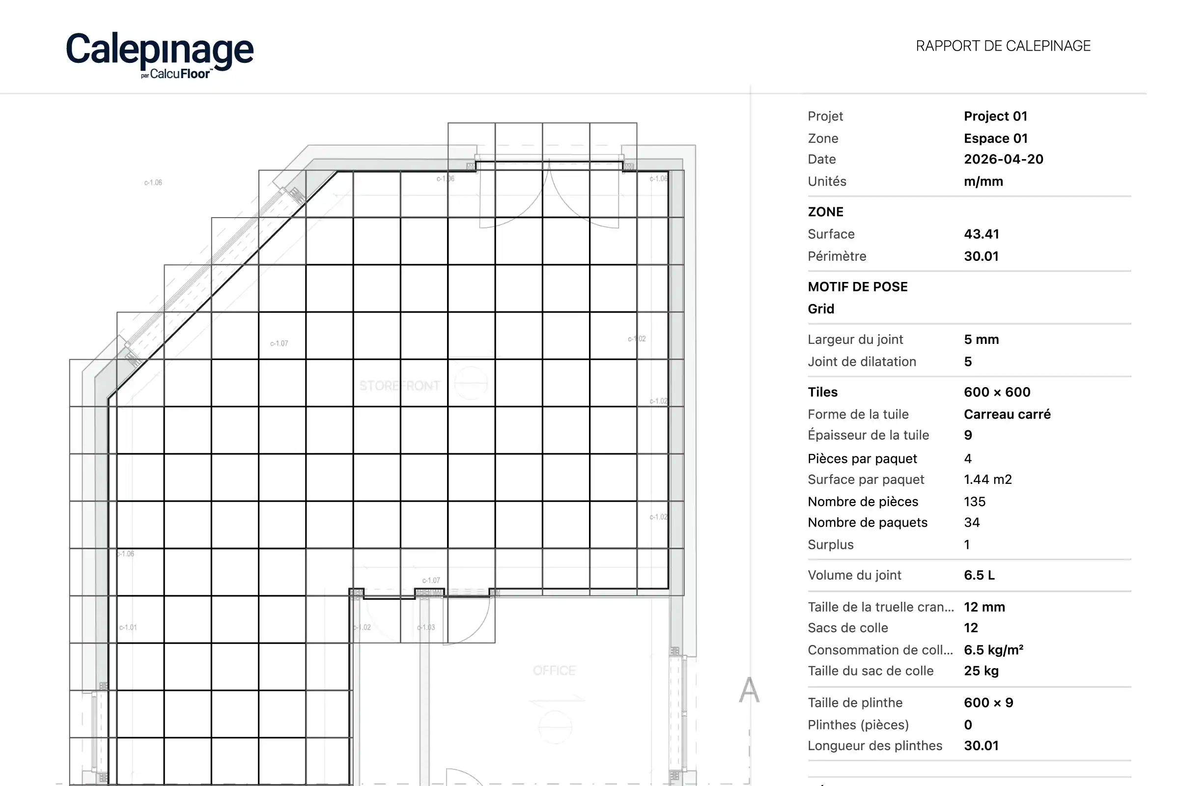 Résultats d'un plan de calepinage avec quantités, découpes, chutes, surplus et coût.