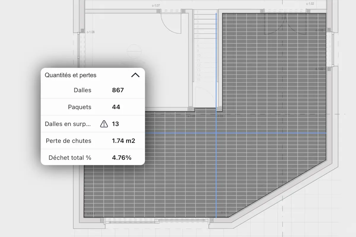 Calepinage de carrelage avec quantités de carreaux, joints et fournitures associées.